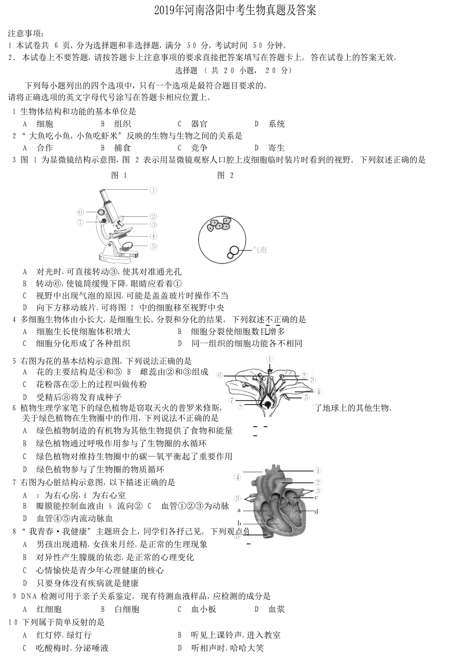 2019年河南洛阳中考生物真题及答案_第1页